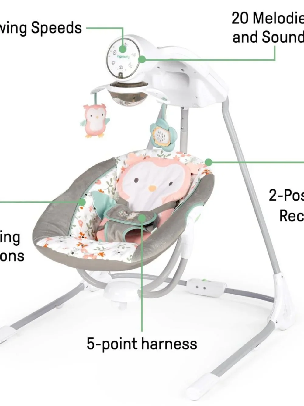 Baby Swing Gray Pink Rotating Seat 5 Speeds 20 Melodies